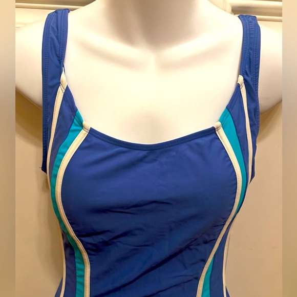 Krista Size 12 one piece light blue bathing suit with side stripes. - Picture 2 of 8